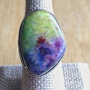 New Rainbow Solar Quartz Stone Silver Overlay Ring Size 7.25